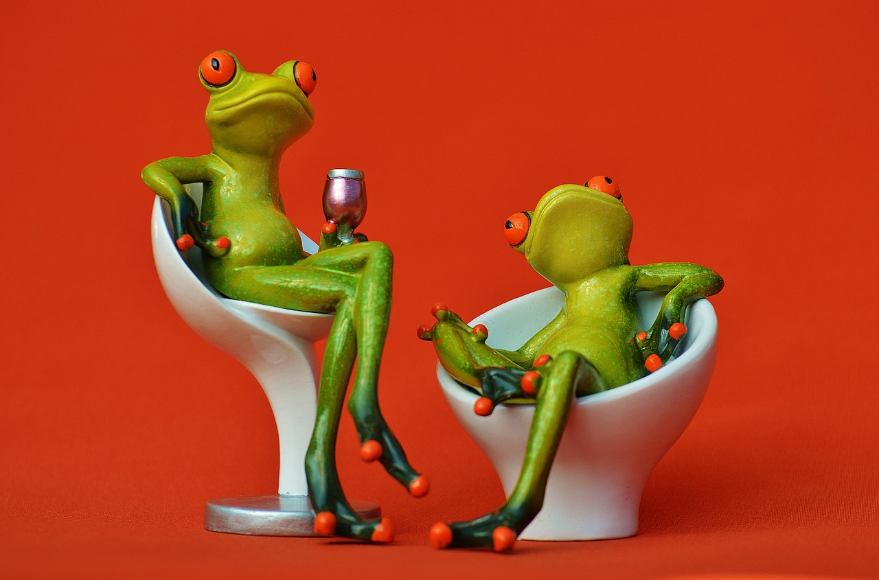 Um casal de sapos conversando na cadeira e bebendo. Imagem de Alexas_Fotos por Pixabay