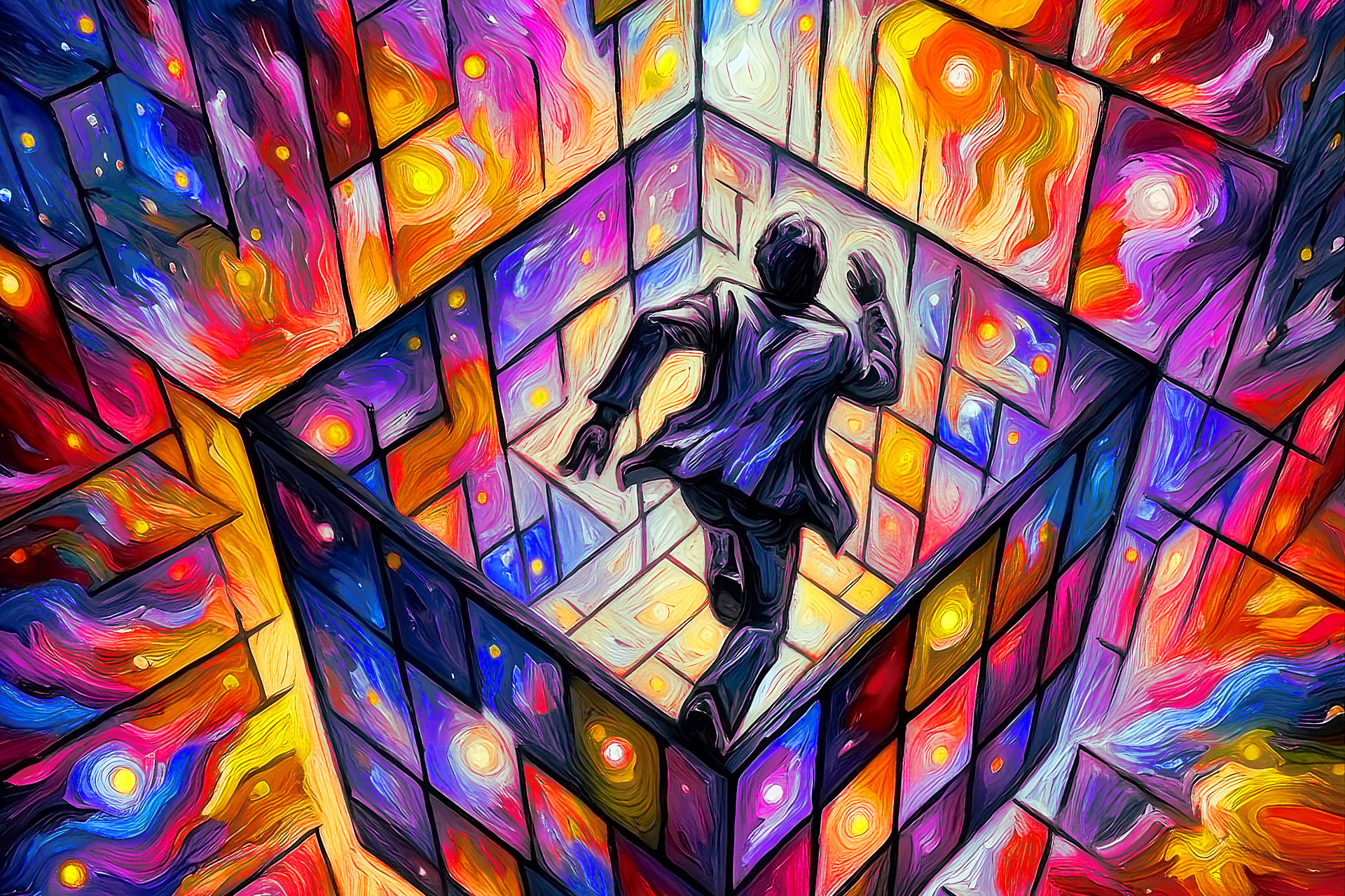 Um homem dentro de um cubo colorido com o teto do cubo aberto, dentro de outro cubo colorido